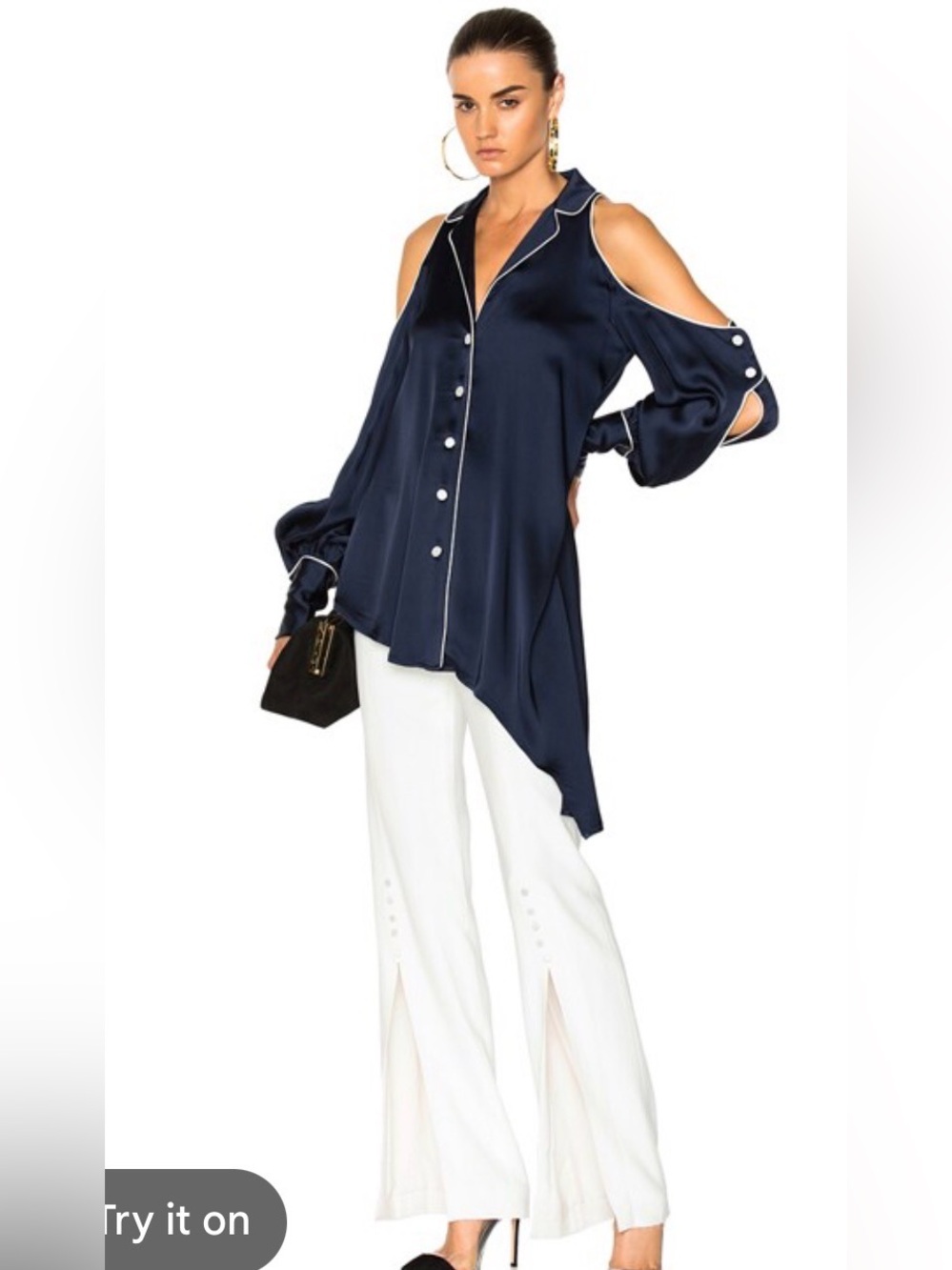 Jonathan Simkhai Black Satin blouse with White Piping cold shoulder sleeve xs